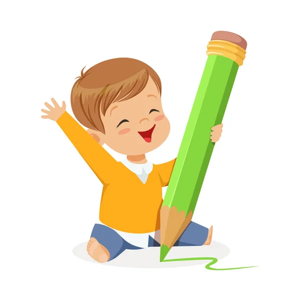 Niño pequeño escribiendo con lápiz — Vector de stock