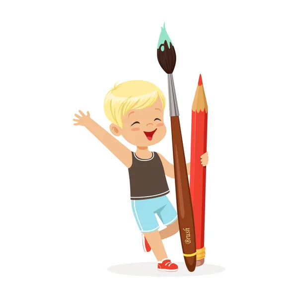 鉛筆と絵筆を保持している小さな男の子 — ストックベクタ