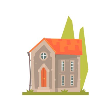 Kırmızı çatı ile eski taş ev