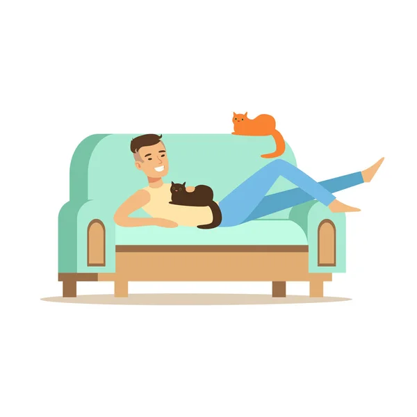 Young man playing with cats — Stock Vector