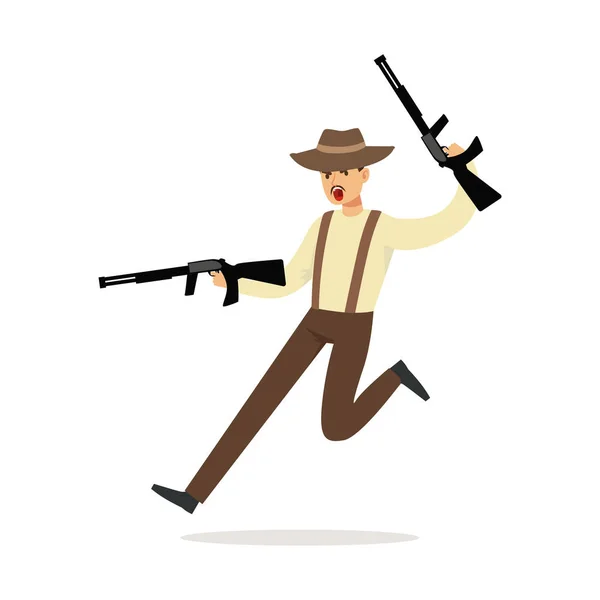 Hombre corriendo con ametralladoras — Vector de stock