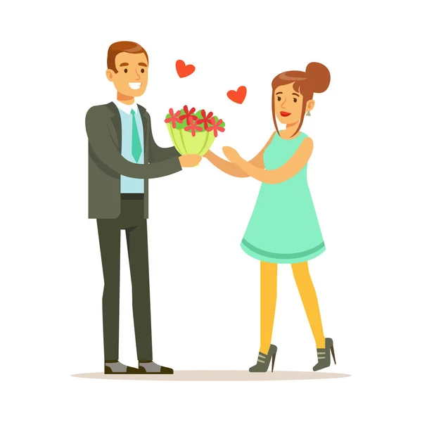 Elegant man giving bouquet to woman — Stock Vector