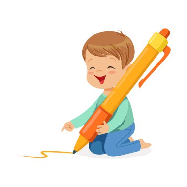 Sevimli küçük çocuk kalemle yazma 