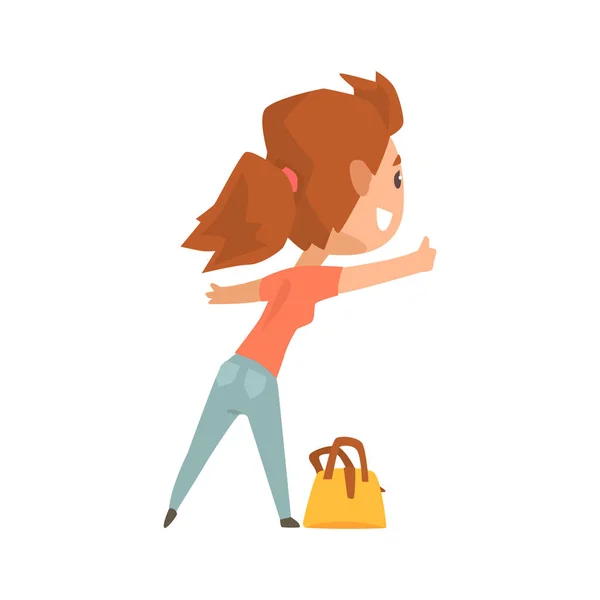 Κορίτσι με τσάντα στέκεται με ωτοστόπ — Διανυσματικό Αρχείο