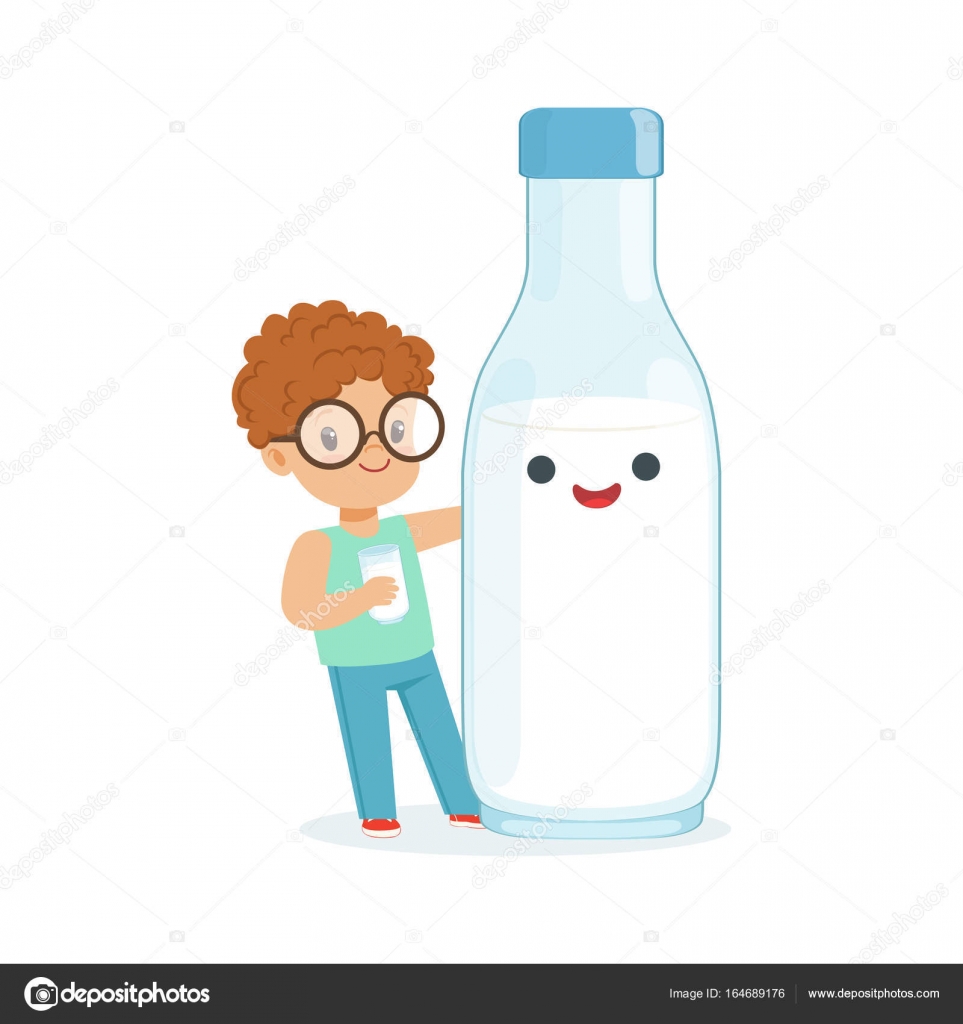 Redhead sveglio ragazzino e bottiglia di latte divertente con sorridente volto umano giocando e avendo per bambini divertimento sano cibo fumetto