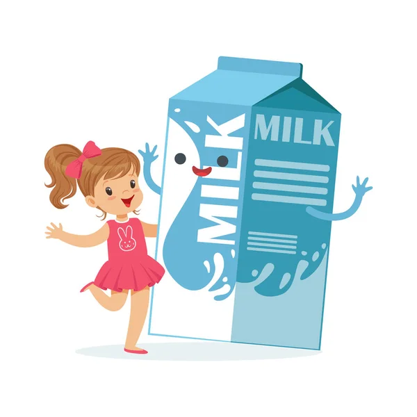 Menina bonito e caixa de leite —  Vetores de Stock