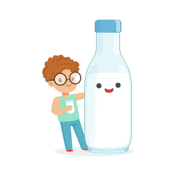 Menino e garrafa de leite engraçado —  Vetores de Stock