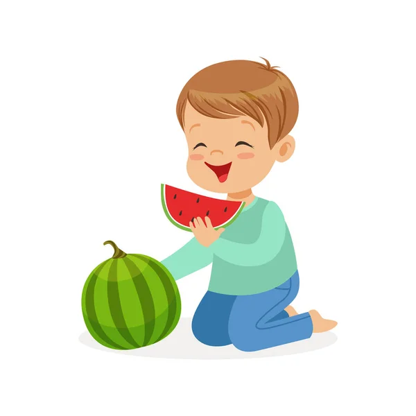 Carino ragazzo mangiare anguria — Vettoriale Stock