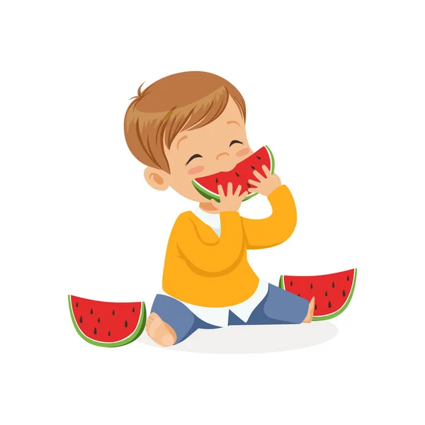 Персонаж маленького хлопчика їсть кавун — стоковий вектор