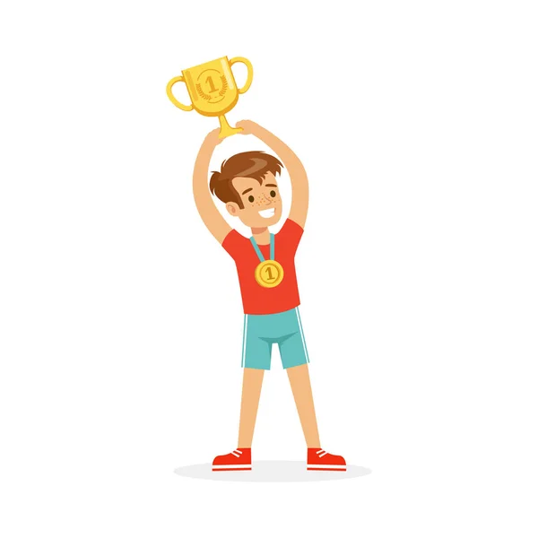 Atletas niño sosteniendo taza ganadora — Archivo Imágenes Vectoriales