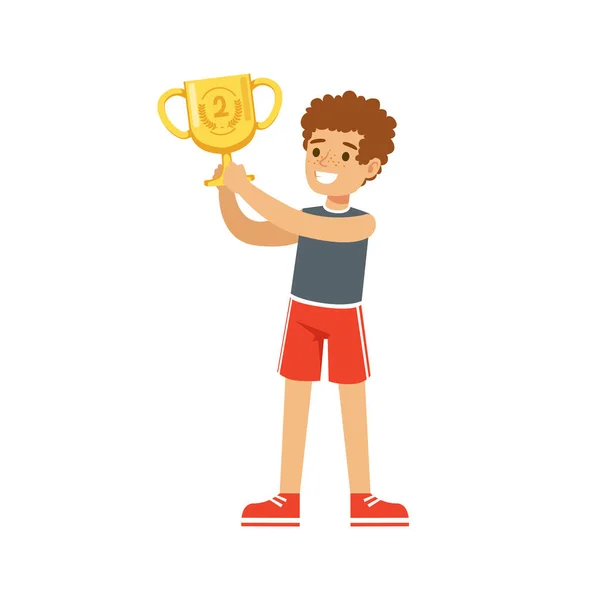Atletas niño sosteniendo taza ganadora — Archivo Imágenes Vectoriales