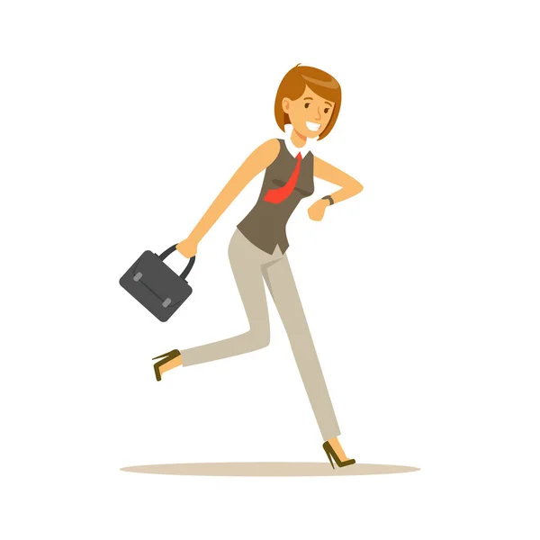 Carácter de mujer joven corriendo al trabajo — Vector de stock