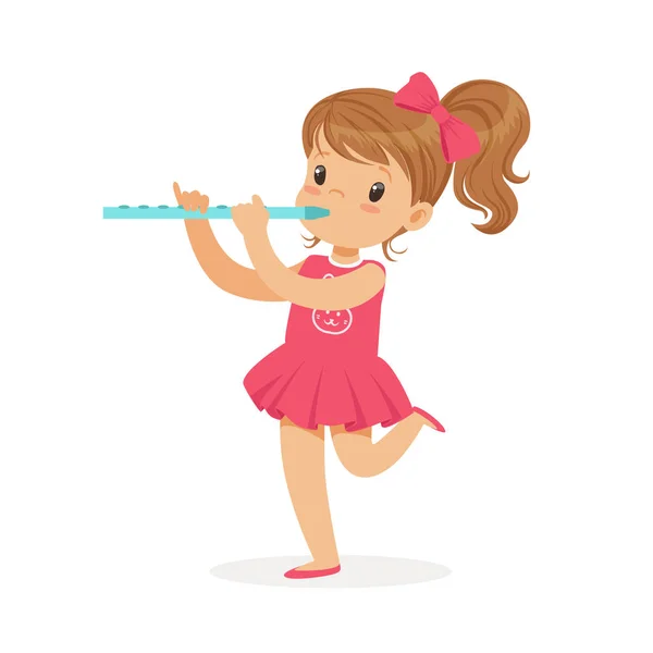 Dulce niña tocando la flauta — Vector de stock