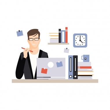 Genç işadamı karakter dizüstü bilgisayar ile 