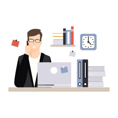 Genç işadamı karakter dizüstü bilgisayar ile