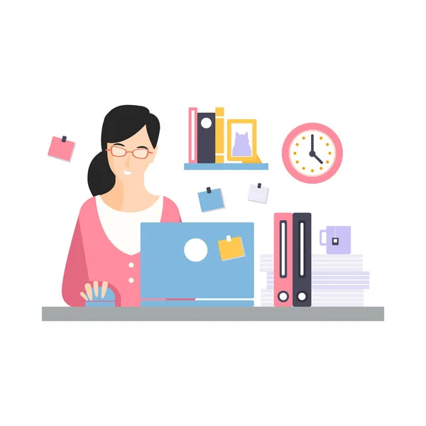 工作与笔记本电脑的女商人性格 — 图库矢量图片