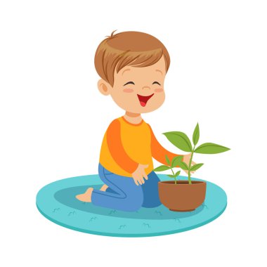 Katta oturan ve bir bitki toprak kap, botanik anaokulu karikatür vektör çizim ders içinde inceleyerek şirin mutlu küçük çocuk