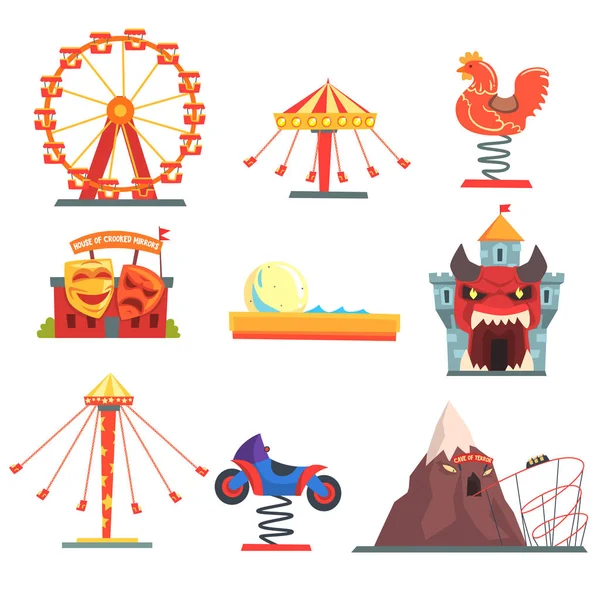 Parque de atracciones con atracciones familiares conjunto de colorido vector de dibujos animados Ilustraciones — Vector de stock