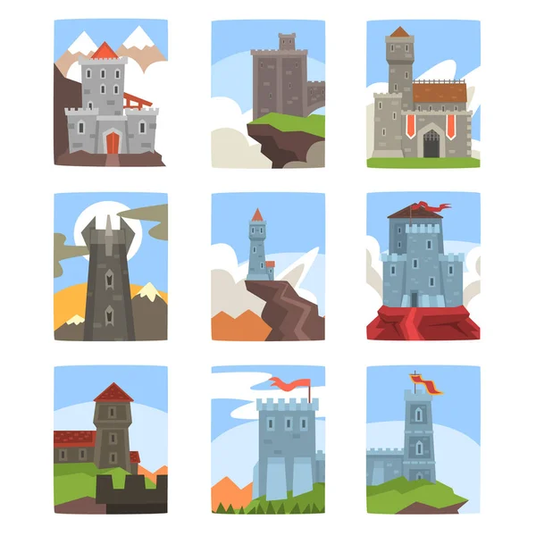 Antiguo conjunto de castillos y fortalezas, paisaje de arquitectura medieval — Archivo Imágenes Vectoriales