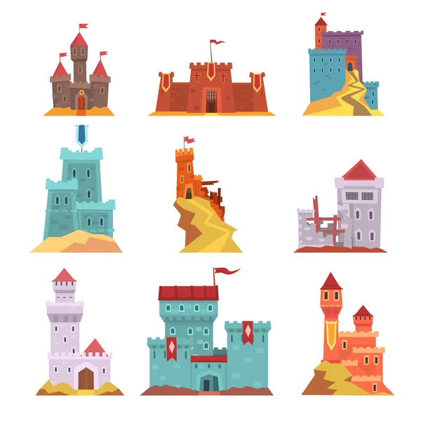 Ancient castles and fortresses set, various buildings of medieval architecture vector Illustrations — Stock Vector