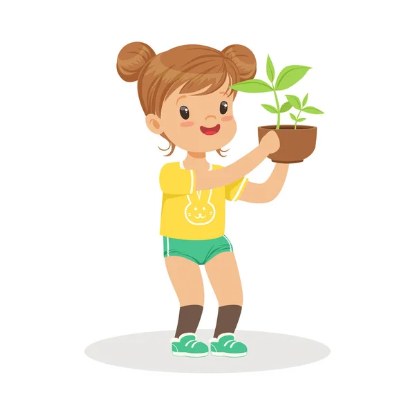 かわいい女の子立って、土鍋、幼稚園漫画ベクトル図で植物学のレッスンで植物を保持 — ストックベクタ