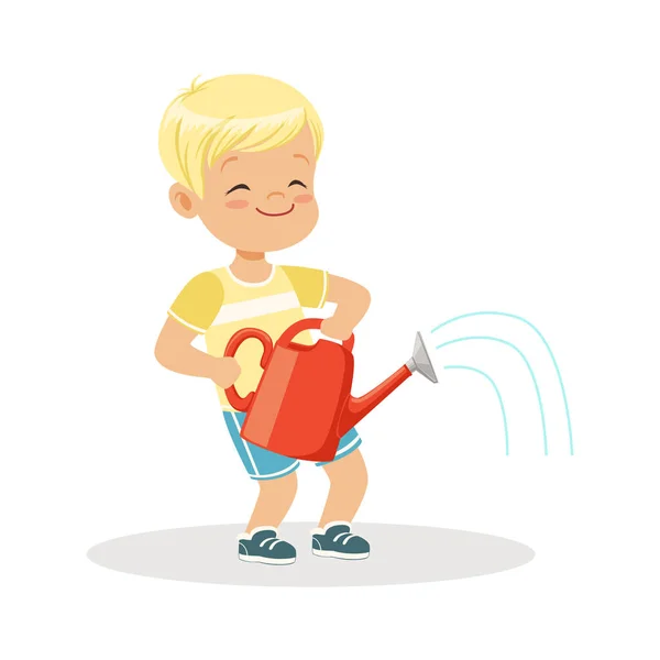 Mignon heureux petit garçon debout avec un arrosage rouge peut dessin animé vecteur illustration — Image vectorielle