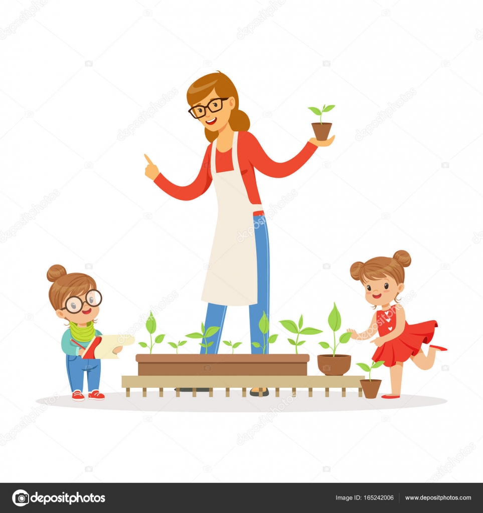 Little Girl And Boy Helping Their Teacher To Care For Plants