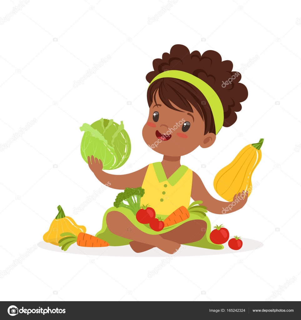 Dolce bambina che si siede sul pavimento che gioca con le verdure bambini cibo sano concetto colorato vettoriale illustrazione su sfondo bianco