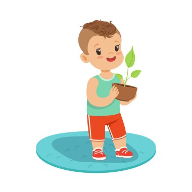 Ayakta ve bir bitki botanik anaokulu karikatür vektör çizim ders bir kil tencerede tutan şirin küçük çocuk