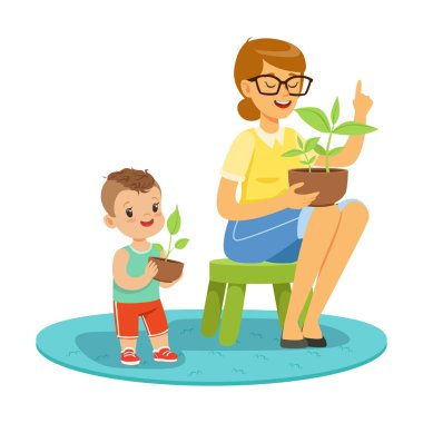 Küçük çocuk öğrenme öğretmen, ders botanik anaokulu karikatür vektör çizim ile bitkiler hakkında