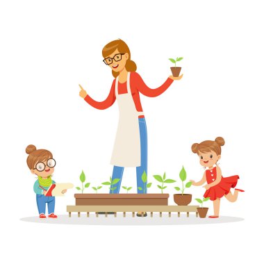 Küçük kız ve erkek için bitki botanik dersi anaokulu karikatür vektör çizim sırasında dikkat için öğretmen yardım