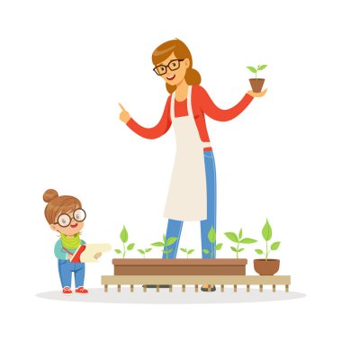 Sevimli küçük kız için bitki botanik dersi anaokulu karikatür vektör çizim sırasında dikkat için onu öğretmen yardım