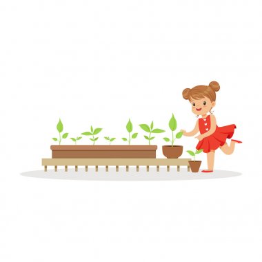 Sevimli küçük kız anaokulu karikatür vektör çizim botanik dersi sırasında bitkiler hakkında öğrenme