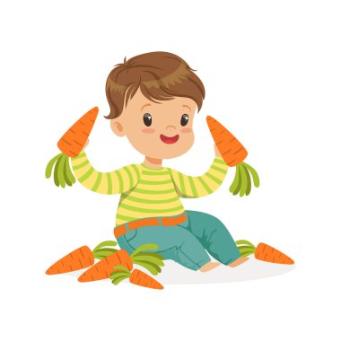 Oturma ve havuç ile oynayan sevimli küçük çocuk çocuklar sağlıklı gıda kavramı renkli vektör çizim