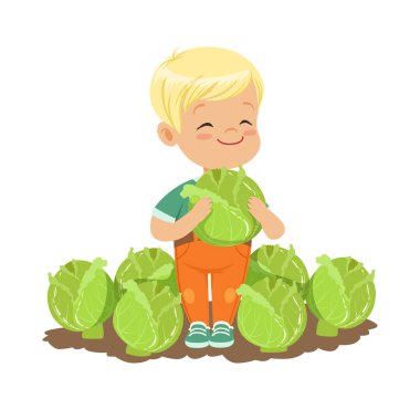 Mutlu sarışın küçük çocuk bahçesinde lahana ile sağlıklı gıda kavramı renkli vektör çizim çocuklar ayakta
