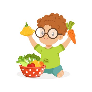 Çocuklar sağlıklı gıda kavramı renkli vektör illüstrasyon iskambil kase sebze ile katta oturan mutlu küçük çocuk