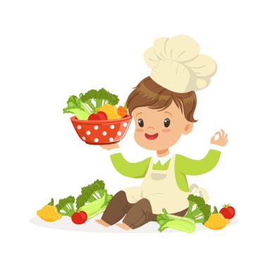 Sevimli küçük çocuk Şef taze sebze, yemek sağlıklı gıda kavramı renkli vektör çizim çocuklar