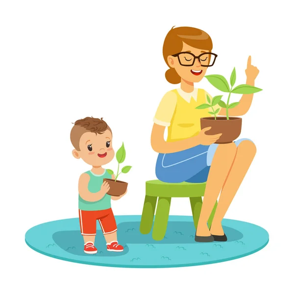 Petit garçon apprenant les plantes avec professeur, leçon de botanique à la maternelle dessin animé vecteur Illustration — Image vectorielle