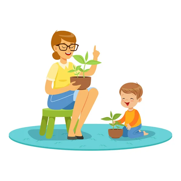 先生と男の子幼稚園漫画で植物学のレッスンの中に植物について学習ベクトル イラスト — ストックベクタ