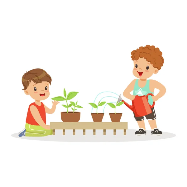 可爱的小男生照顾植物在植物学中幼儿园卡通矢量插图的教训 — 图库矢量图片