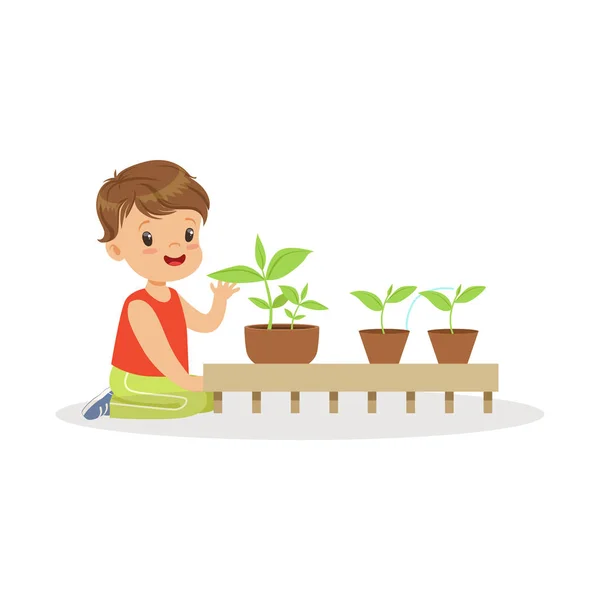 Ładny, mały chłopiec, nauka o roślinach ciągu lekcja botaniki w przedszkolu kreskówka wektor ilustracja — Wektor stockowy