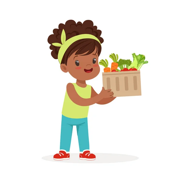 Petite fille noire douce tenant panier plein de légumes, enfants concept de nourriture saine vecteur coloré Illustration — Image vectorielle