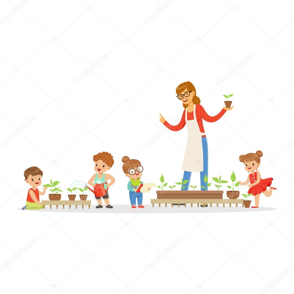 Friendly teacher explaining kids about plants during lesson of botany in kindergarten cartoon vector Illustration