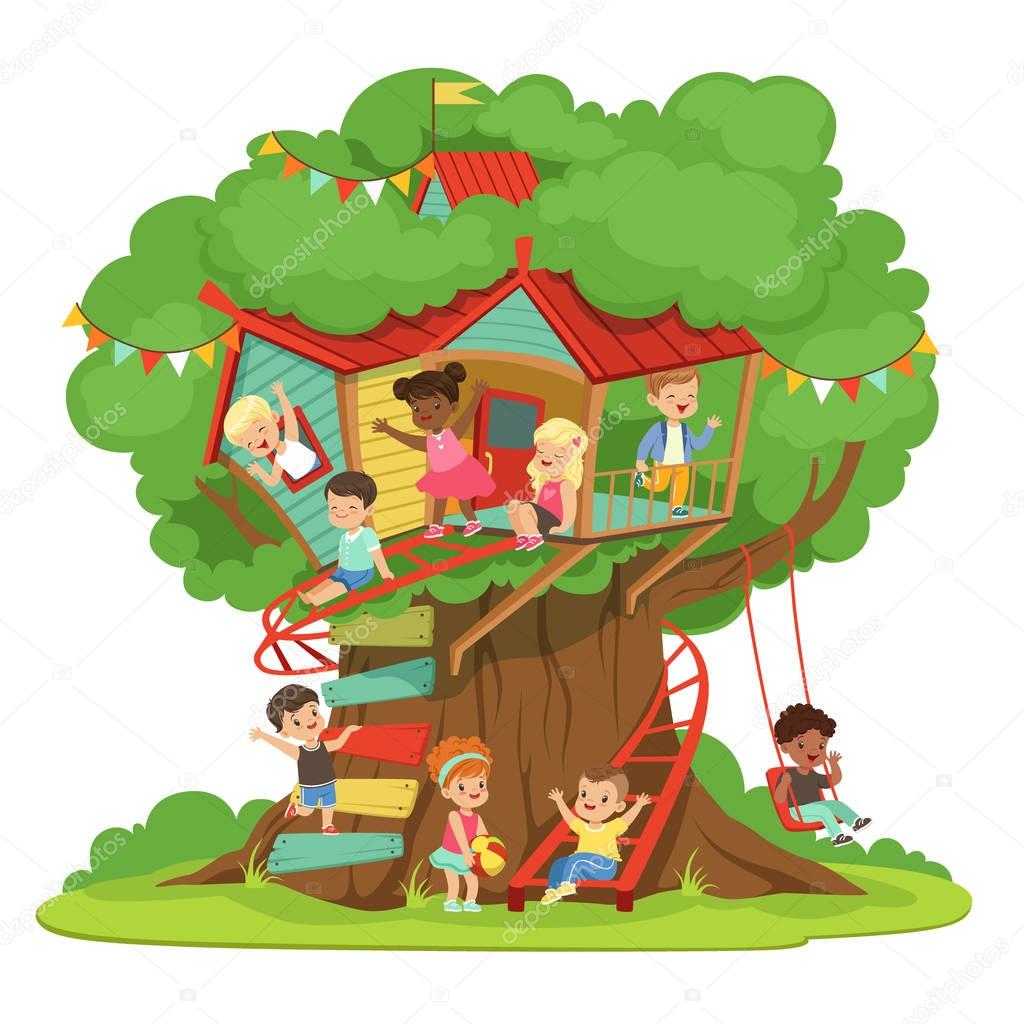 Children playing and having fun in the treehouse, kids playground with swing and ladder colorful detailed vector Illustration