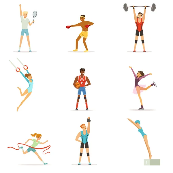 Pessoas atléticas fazendo vários tipos de esportes, pessoas no ginásio, equipamentos esportivos vetores coloridos Ilustrações — Vetor de Stock