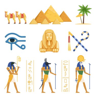 Egypt set, Egyptian ancient symbols of the power of pharaohs and gods colorful vector Illustrations clipart