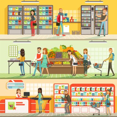 İnsanlar süpermarket yatay renkli afiş küme, alışveriş ve ürün satın alma müşteriler