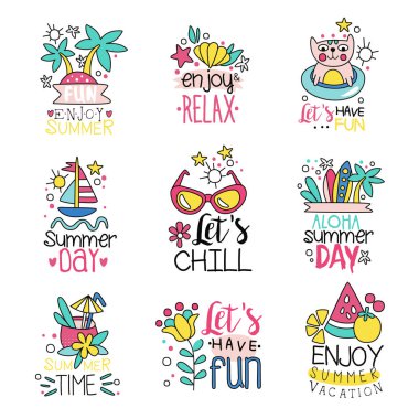 Sevimli yaz etiketleri ayarla, tatil el çekilmiş renkli vektör çizimler yaz keyfini çıkarın