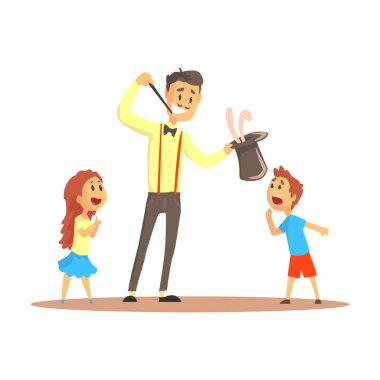 Mutlu insanlar, sirke veya sokak aktör önce onun silindir şapka bir tavşan çekerek renkli sihirbaz detaylı vektör çizim karikatür