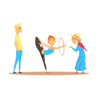 Mutlu insanlar, sirke veya sokak aktörler renkli detaylı vektör çizim karikatür önce çember ile jimnastik dans kız